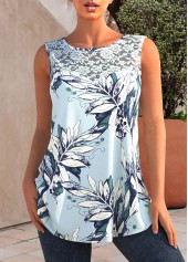 ROTITA Light Green Leaf Print Lace Stitching Tank Top