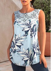 Light Green tops,Plants tops,ROTITA Light Green Leaf Print Lace Stitching Tank Top