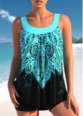 Cyanfarbenes Tankini-Set mit breiten Trägern und Stammesmuster