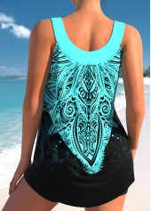 Cyan swimwear,Plants swimwear,ROTITA Tribal Print Cyan Wide Strap Tankini Top