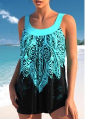 Cyan swimwear,Plants swimwear,ROTITA Tribal Print Cyan Wide Strap Tankini Top