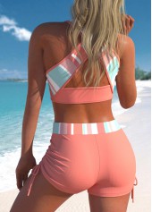 Striped swimwear,ROTITA Cross Strap Striped Bowknot Coral Orange Bikini Set