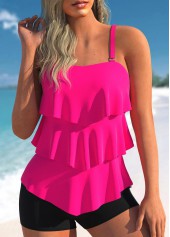 Spaghetti Strap Rose Red Layered Hem Tankini Set