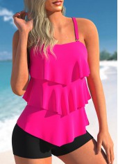 Hot Pink swimwear,Plain Color swimwear,ROTITA Spaghetti Strap Rose Red Layered Hem Tankini Top