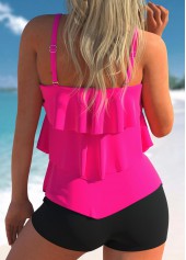 Hot Pink swimwear,Plain Color swimwear,ROTITA Spaghetti Strap Rose Red Layered Hem Tankini Top