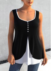 Black tops,Plain Color tops,ROTITA Wide Strap Black Faux Two Piece Tank Top