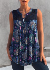 ROTITA Lace Panel Paisley Print Navy Blue Tank Top