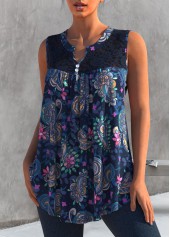 Navy tops,Paisley tops,ROTITA Lace Panel Paisley Print Navy Blue Tank Top