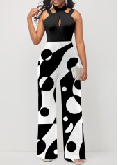 ROTITA Polka Dot Cross Strap Color Block Jumpsuit