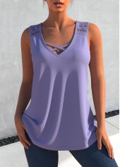 ROTITA Cross Strap Dusty Purple Lace Stitching Tank Top