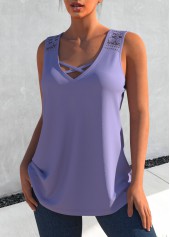 Dusty Purple tops,Plain Color tops,ROTITA Cross Strap Dusty Purple Lace Stitching Tank Top
