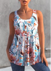 ROTITA Multi Color Floral Print Decorative Button Tank Top