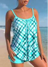 Cyan swimwear,Plaid swimwear,ROTITA Bowknot Plaid Spaghetti Strap Cyan Tankini Set