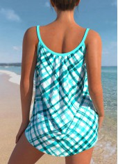 Cyan swimwear,Plaid swimwear,ROTITA Bowknot Plaid Spaghetti Strap Cyan Tankini Set