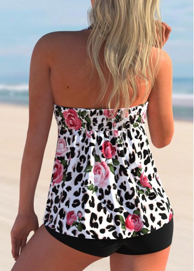 Multi Color swimwear,Floral swimwear,ROTITA Leopard Floral Print Halter Tankini Set