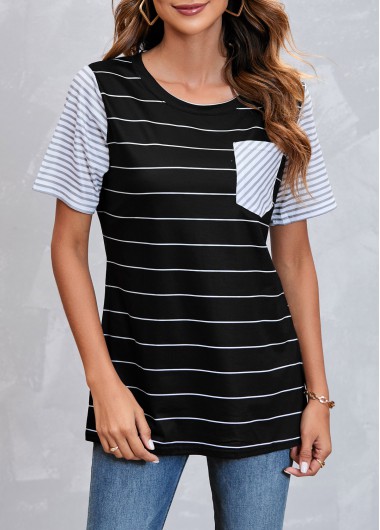 Black tops,Striped tops,Striped Pocket Short Sleeve Black T Shirt