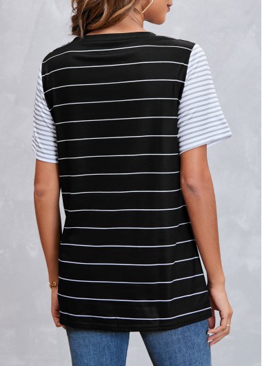 Black tops,Striped tops,Striped Pocket Short Sleeve Black T Shirt