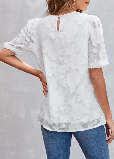 White tops,Plain Color tops,White Chiffon Floral Print Round Neck Blouse