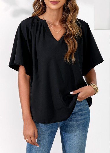 Black tops,Plain Color tops,Split Neck Black Half Sleeve Blouse