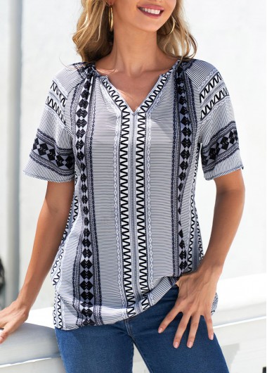 Grey tops,Tribal tops,ROTITA Grey Tribal Print Split Neck Blouse