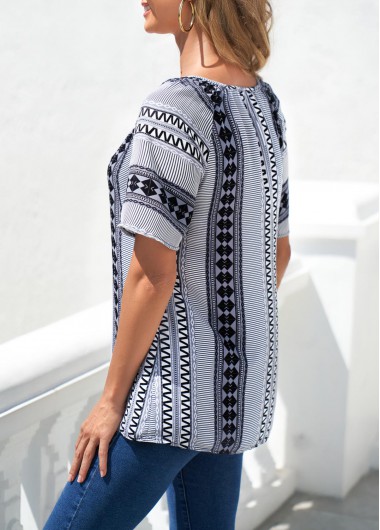 Grey tops,Tribal tops,ROTITA Grey Tribal Print Split Neck Blouse