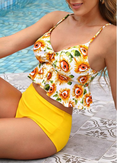 Ginger swimwear,Floral swimwear,Sunflower Print Mid Waist Ginger Bikini Set