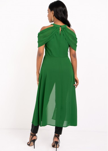 Green tops,Plain Color tops,ROTITA Cold Shoulder Green Front Slit Blouse