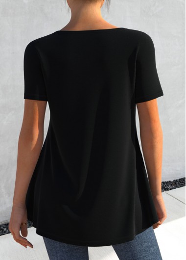 Black tops,Contrast Color tops,ROTITA Cross Strap Black Contrast T Shirt