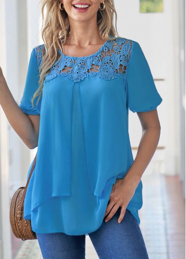 Plain Color tops,ROTITA Sky Blue Layered Hem Short Sleeve Blouse