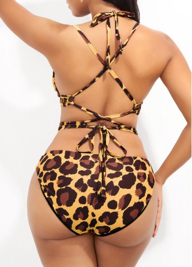 Multi Color swimwear,Leopard swimwear,ROTITA Lace Up Cutout Leopard One Piece Swimwear
