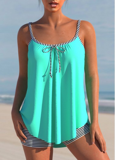 Cyan swimwear,Striped swimwear,ROTITA Striped Bowknot Cyan Spaghetti Strap Tankini Set