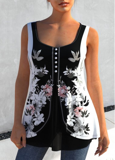 Multi Color tops,Floral tops,ROTITA Color Block Floral Print Faux Two Piece Tank Top