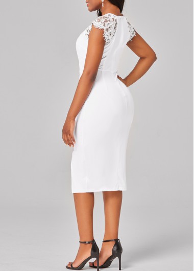 White dresses,Plain Color dresses,Party dresses,Elegant dresses,ROTITA Lace Stitching White Flounce Keyhole Neckline Dress