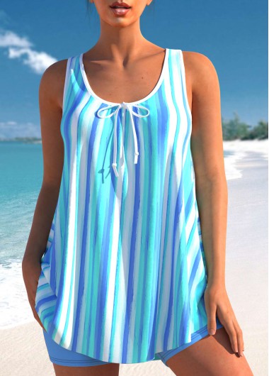 Light Blue swimwear,Striped swimwear,ROTITA Wide Strap Striped Sky Blue Tankini Set