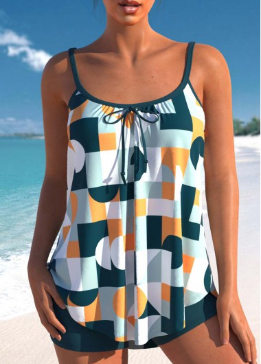 Green swimwear,Geometric swimwear,ROTITA Geometric Print Bowknot Green Tankini Set