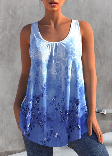 Blue tops,Ombre tops,ROTITA Blue Ombre Floral Print Tank Top