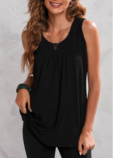 Black tops,Plain Color tops,Black Fold Round Neck Tank Top
