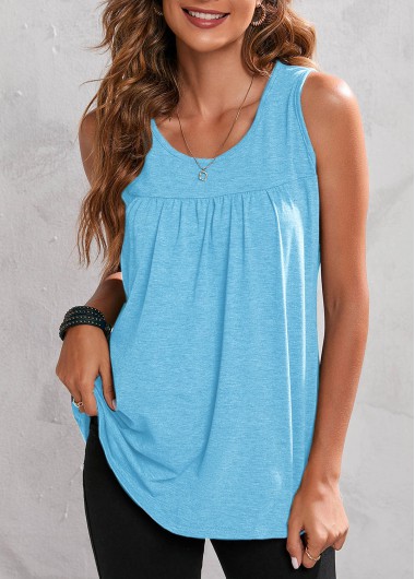 Plain Color tops,Light Blue Fold Round Neck Tank Top