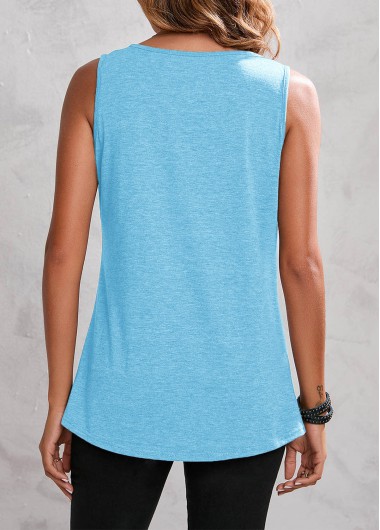 Plain Color tops,Light Blue Fold Round Neck Tank Top