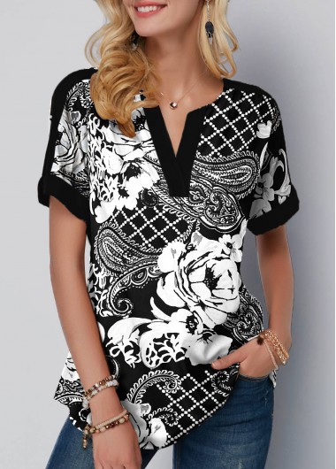 Black tops,Floral tops,ROTITA Paisley Print Split Neck Short Sleeve Black Blouse