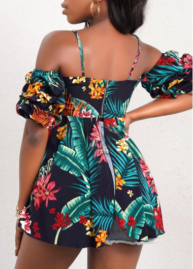 Multi Color tops,Floral tops,Multi Color Tropical Print Zipper Detail T Shirt