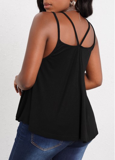 Black tops,Plain Color tops,Double Straps Black Curved Hem Camisole Top