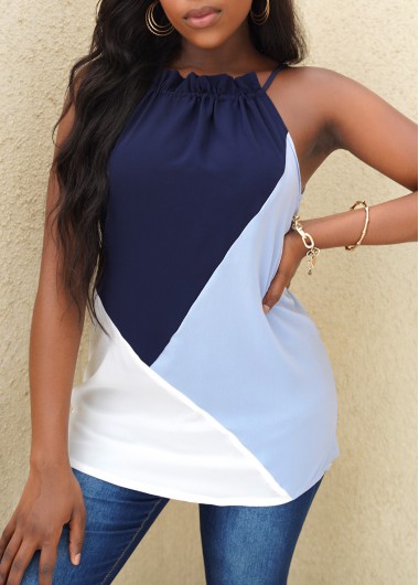 Blue tops,Plain Color tops,Color Block Tie Back Camisole Top