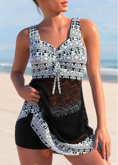 Black swimwear,Tribal swimwear,ROTITA Lace Patchwork Black Tribal Print Swimdress and Shorts