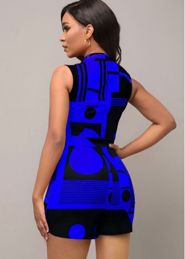 Royal Blue jumpsuits & rompers,Geometric jumpsuits & rompers,ROTITA Royal Blue Geometric Print Split Neck Romper