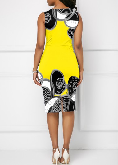 Yellow dresses,Tribal dresses,ROTITA Tribal Print Round Neck Sleeveless Yellow Dress