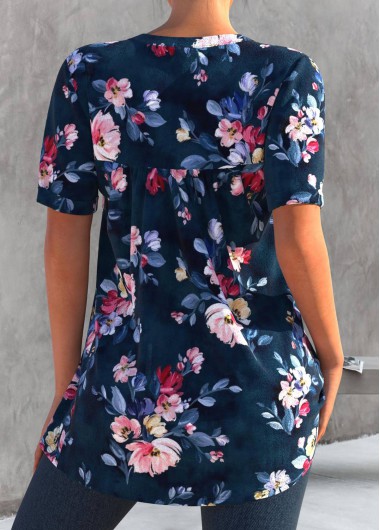 Floral tops,ROTITA Split Neck Floral Print Navy Blue T Shirt