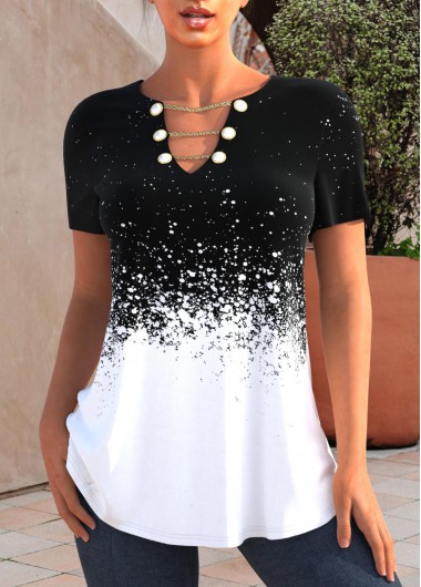 Black tops,Ombre tops,ROTITA Chain Design Black Splash Print T Shirt
