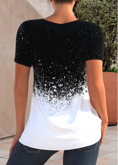 Black tops,Ombre tops,ROTITA Chain Design Black Splash Print T Shirt
