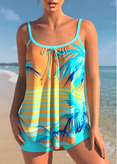 Cyan swimwear,Graphic swimwear,ROTITA Tropical Print Bowknot Cyan Tankini Set